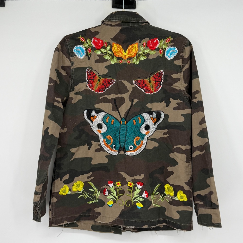 Fashion Nova Butterfly Kisses Jacket S/M Camo Embroidered Military Utility NWT